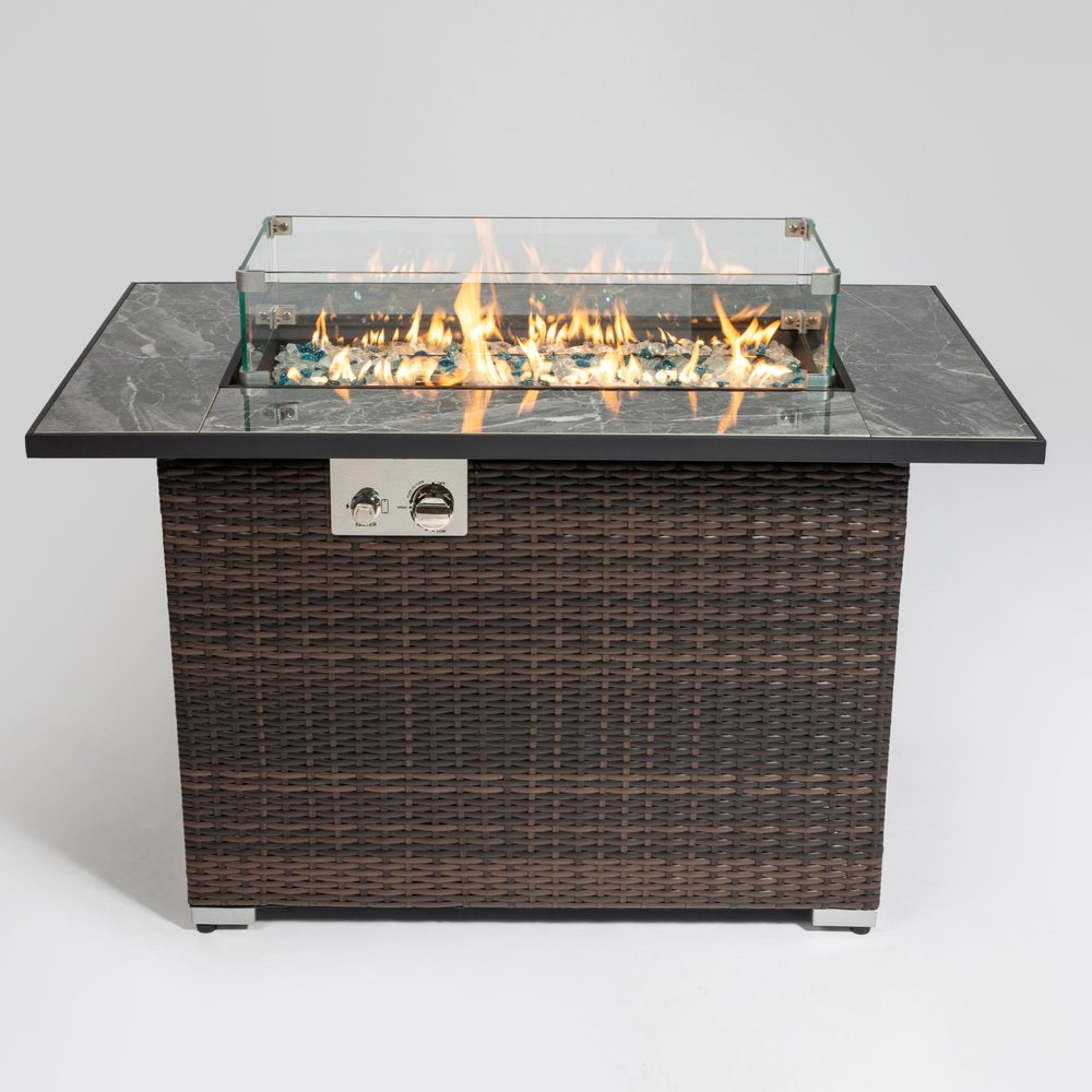 50,000 BTU 43" Brown Wicker Propane Rectangular Outdoor Fire Pit with Cover