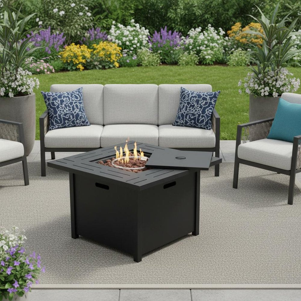 50,000 BTU 28" Black Steel Propane Square Outdoor Fire Pit Table with Cover