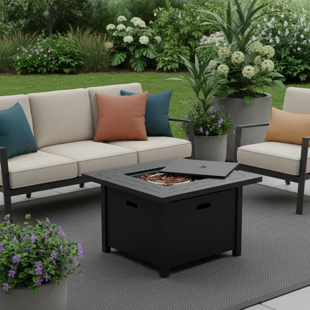 50,000 BTU 28" Black Rattan Propane Square Outdoor Fire Pit with Cover