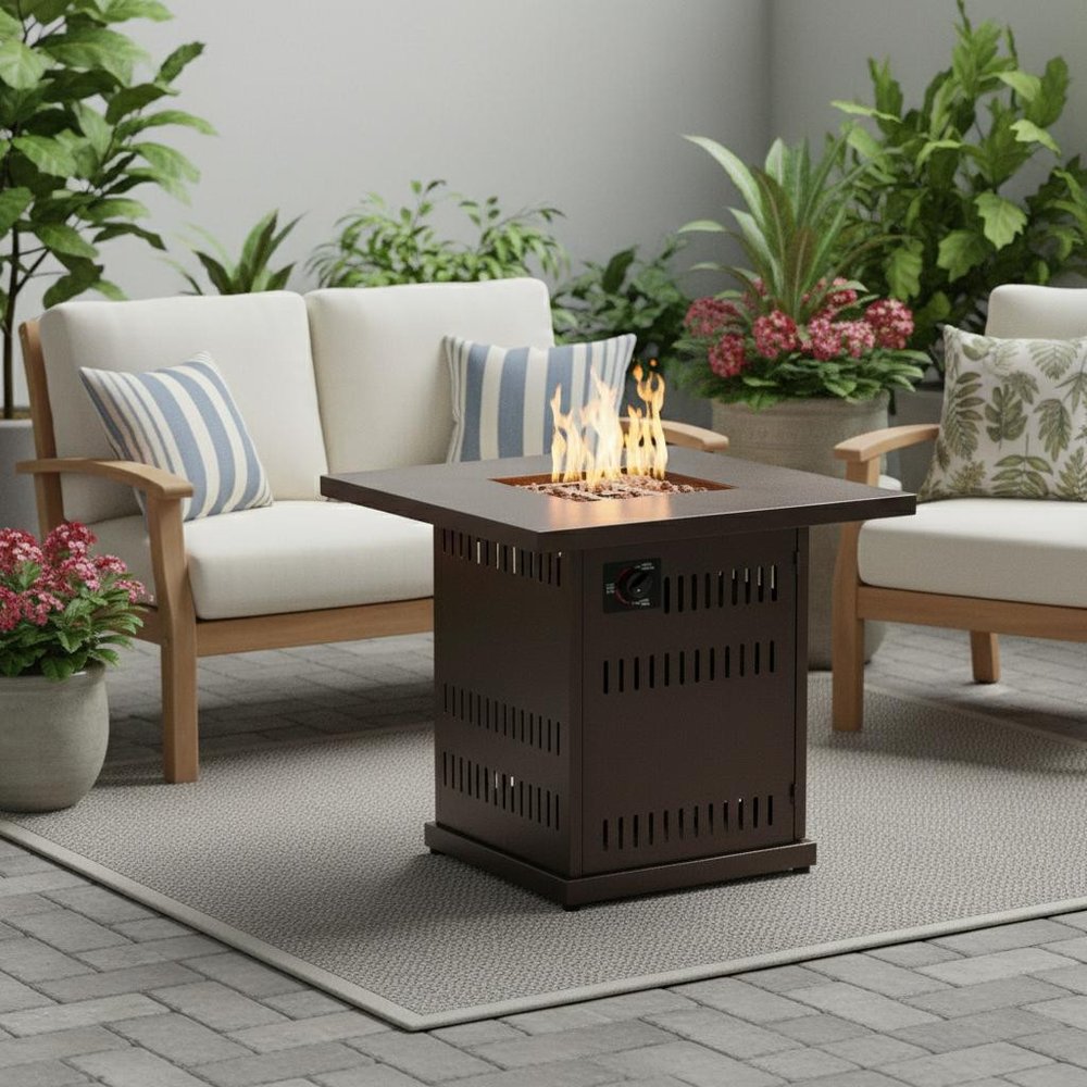 50,000 BTU 27" Brown Steel Propane Square Outdoor Fire Pit Table with Cover