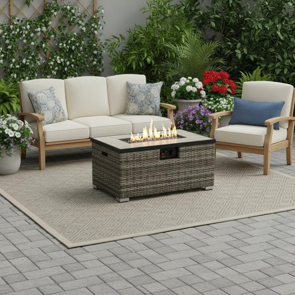 50,000 BTU 32" Beige Iron Propane Rectangular Outdoor Fire Pit with Cover