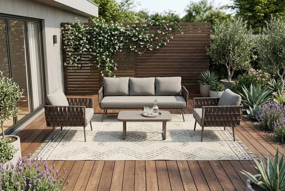 4-Piece Gray and Taupe Metal Upholstered Cushions Outdoor Patio Conversation Set with Table