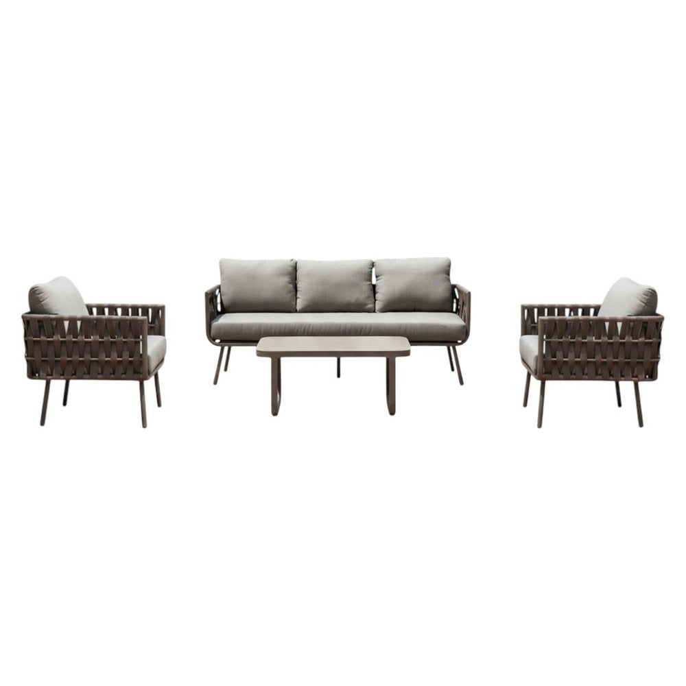 4-Piece Gray and Taupe Metal Upholstered Cushions Outdoor Patio Conversation Set with Table