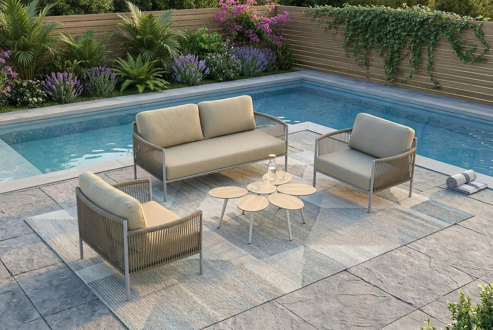 4-Piece Light Gray and Taupe Metal Upholstered Cushions Outdoor Patio Conversation Set with Table