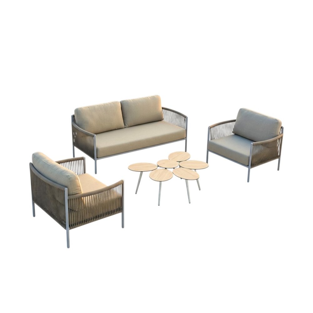 4-Piece Light Gray and Taupe Metal Upholstered Cushions Outdoor Patio Conversation Set with Table