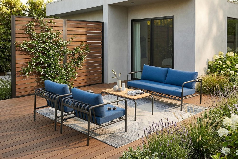 4-Piece Dark Gray and Blue Metal Upholstered Cushions Outdoor Patio Conversation Set with Table
