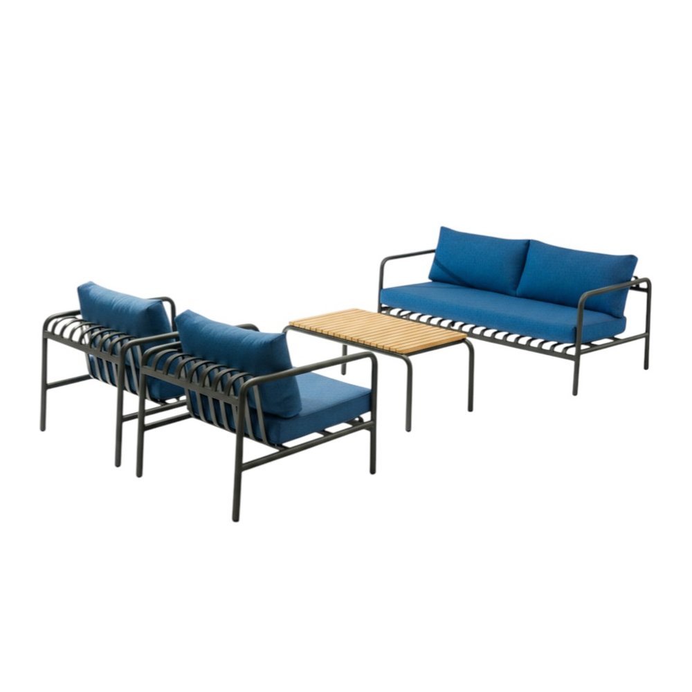 4-Piece Dark Gray and Blue Metal Upholstered Cushions Outdoor Patio Conversation Set with Table
