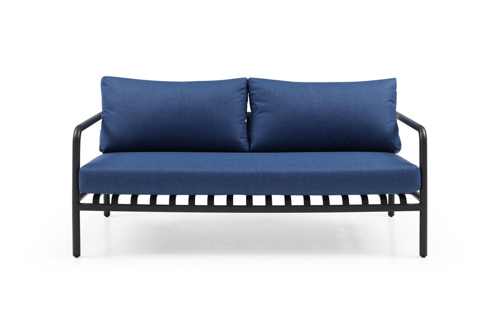 4-Piece Dark Gray and Blue Metal Upholstered Cushions Outdoor Patio Conversation Set with Table