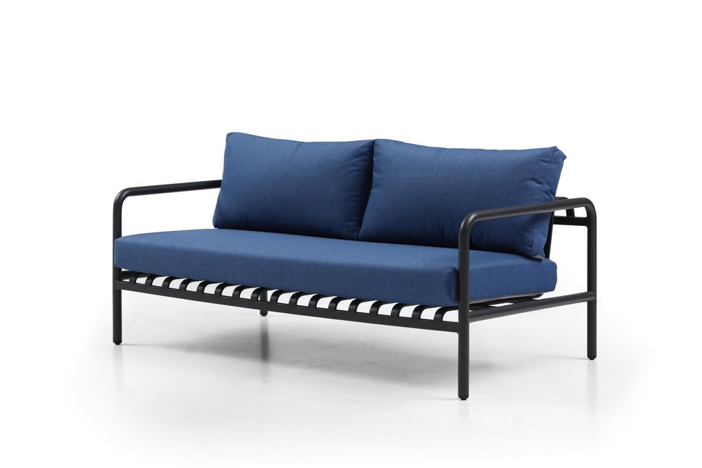 4-Piece Dark Gray and Blue Metal Upholstered Cushions Outdoor Patio Conversation Set with Table