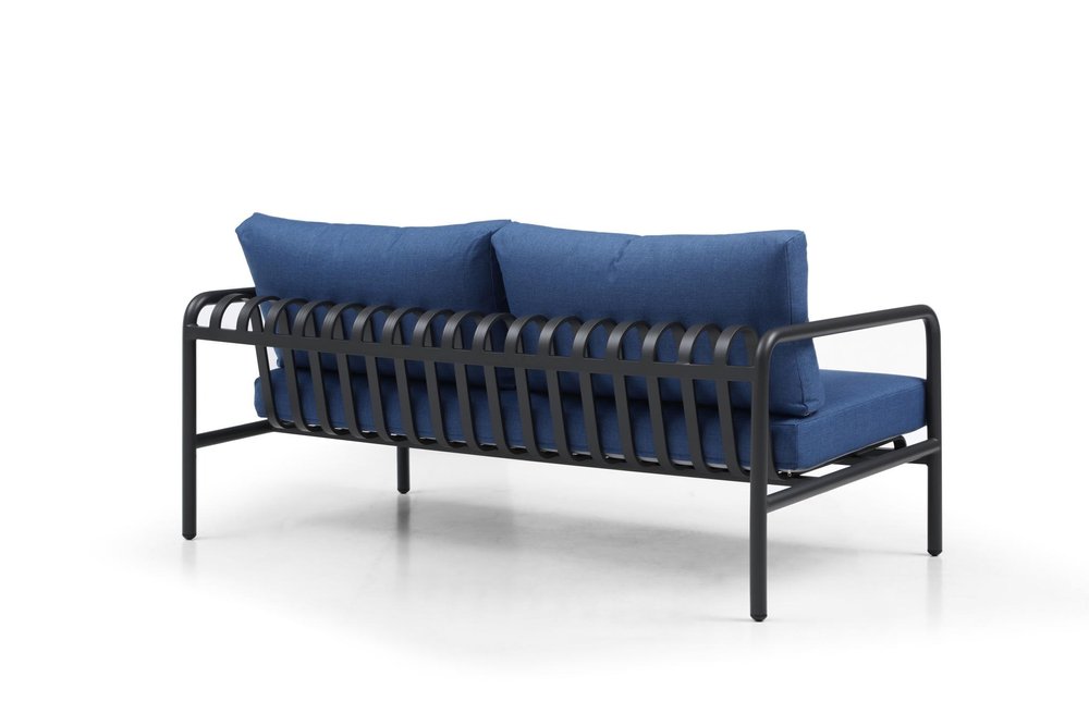 4-Piece Dark Gray and Blue Metal Upholstered Cushions Outdoor Patio Conversation Set with Table