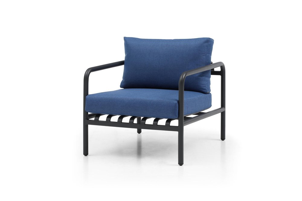 4-Piece Dark Gray and Blue Metal Upholstered Cushions Outdoor Patio Conversation Set with Table