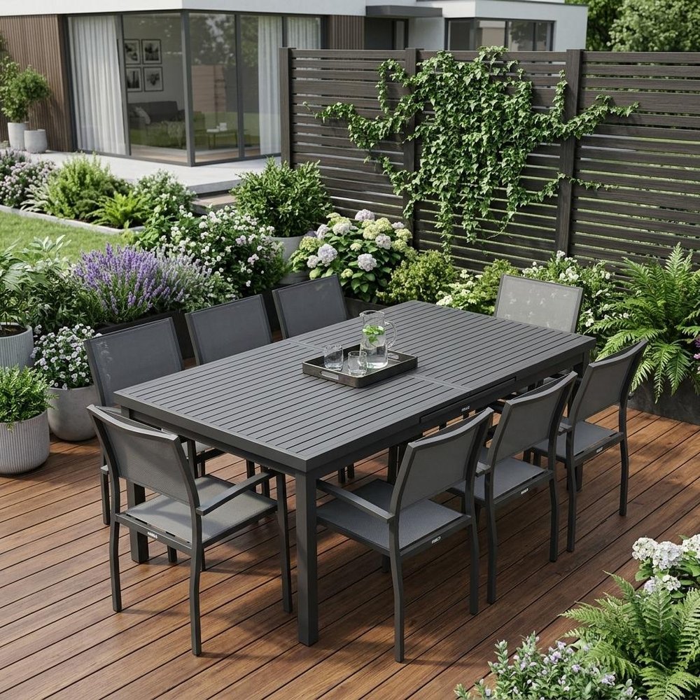 Outdoor Patio 9-Piece Black Metal Dining Set with 8 Chairs