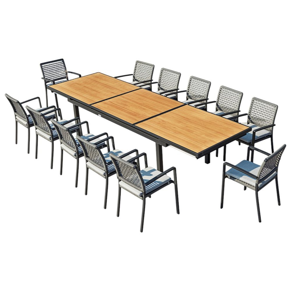 Outdoor Patio 13-Piece Natural and Black Solid Wood Dining Set with 12 Chairs