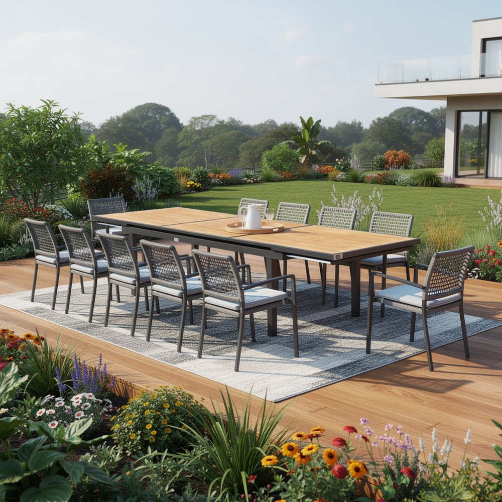 Outdoor Patio 13-Piece Natural and Black Solid Wood Dining Set with 12 Chairs