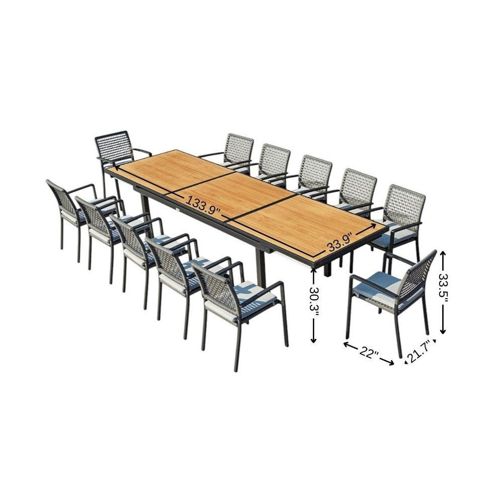 Outdoor Patio 13-Piece Natural and Black Solid Wood Dining Set with 12 Chairs