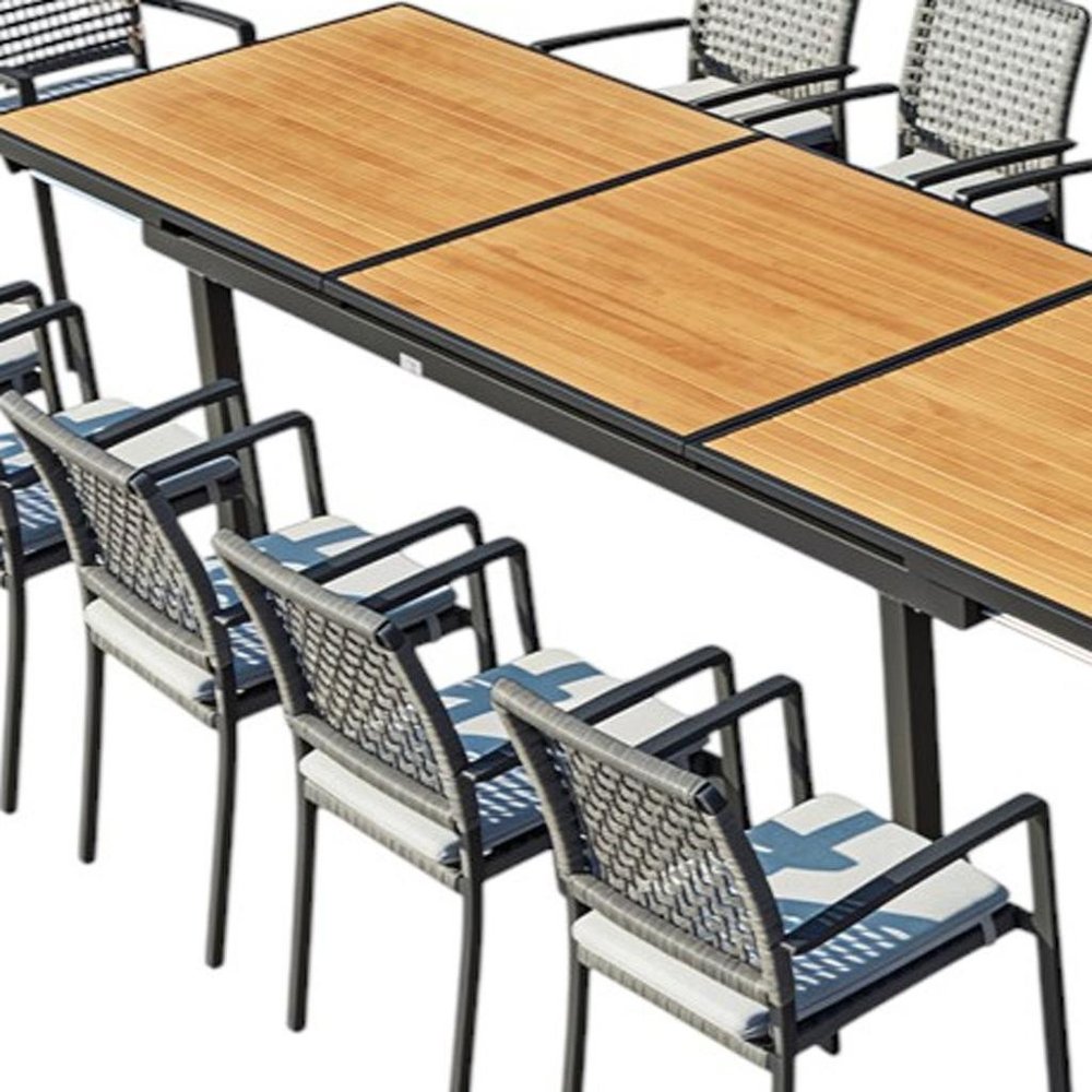 Outdoor Patio 13-Piece Natural and Black Solid Wood Dining Set with 12 Chairs