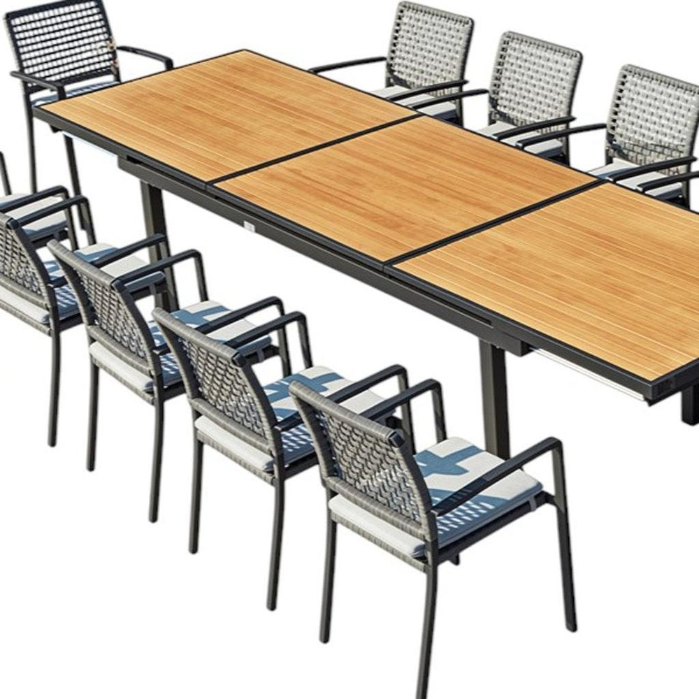 Outdoor Patio 13-Piece Natural and Black Solid Wood Dining Set with 12 Chairs