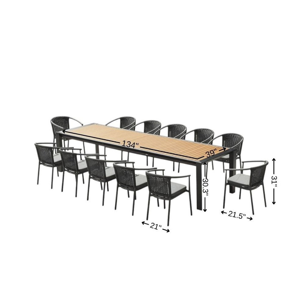 Outdoor Patio 13-Piece Natural and Black Solid Wood Dining Set with 12 Chairs