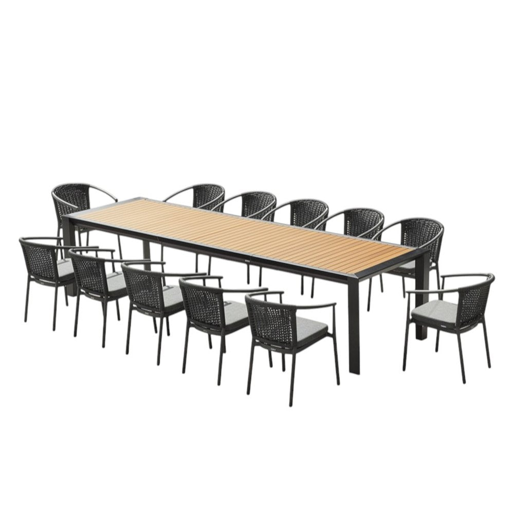 Outdoor Patio 13-Piece Natural and Black Solid Wood Dining Set with 12 Chairs