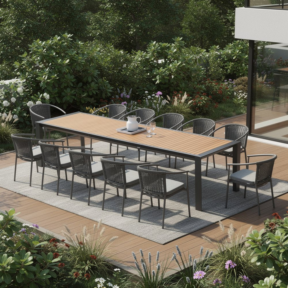 Outdoor Patio 13-Piece Natural and Black Solid Wood Dining Set with 12 Chairs