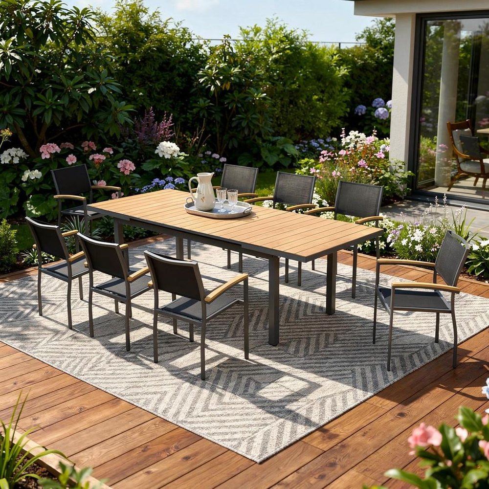 Outdoor Patio 9-Piece Natural and Black Heavy-Duty Plastic Dining Set with 8 Chairs