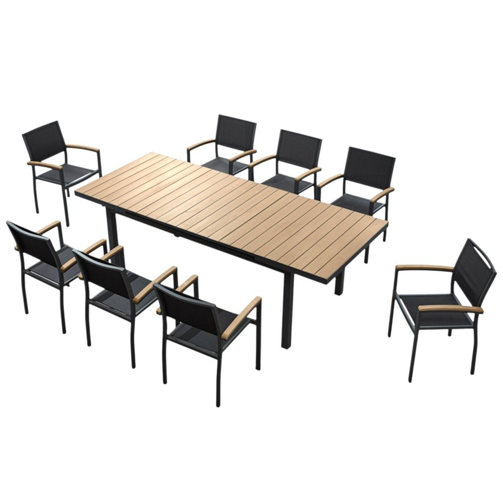Outdoor Patio 9-Piece Natural and Black Heavy-Duty Plastic Dining Set with 8 Chairs