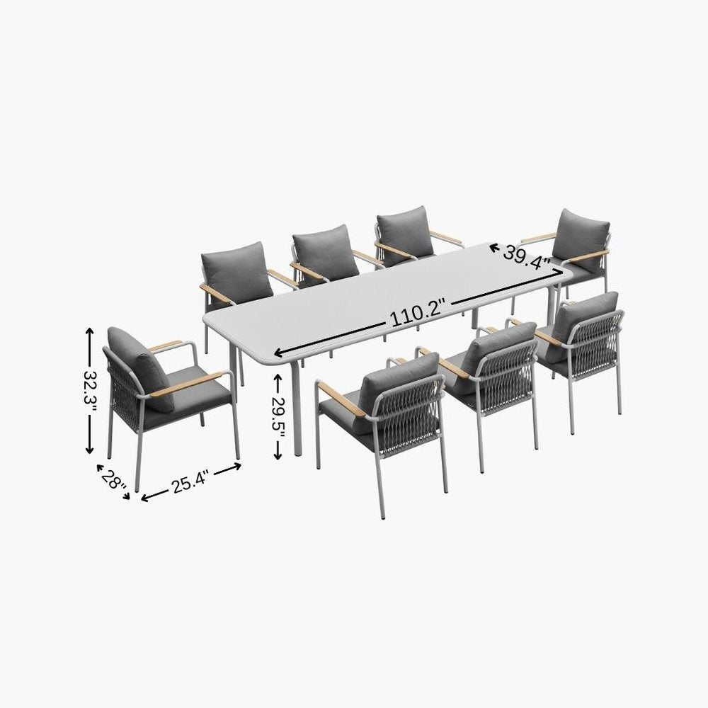 Outdoor Patio 9-Piece White Metal Dining Set with 8 Chairs
