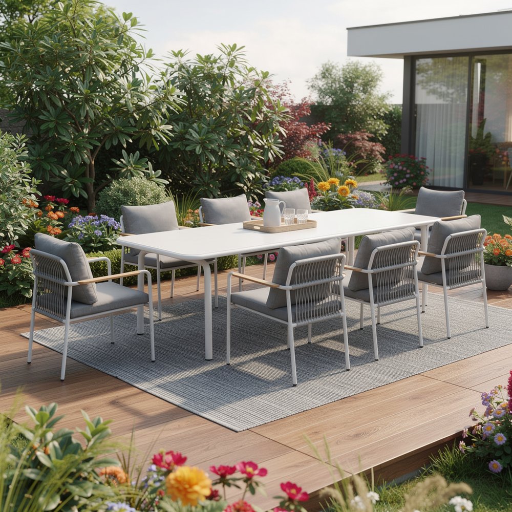 Outdoor Patio 9-Piece White Metal Dining Set with 8 Chairs