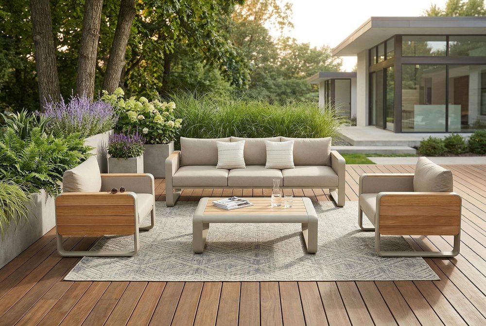 4-Piece Almond Metal Outdoor Patio Conversation Set with Table