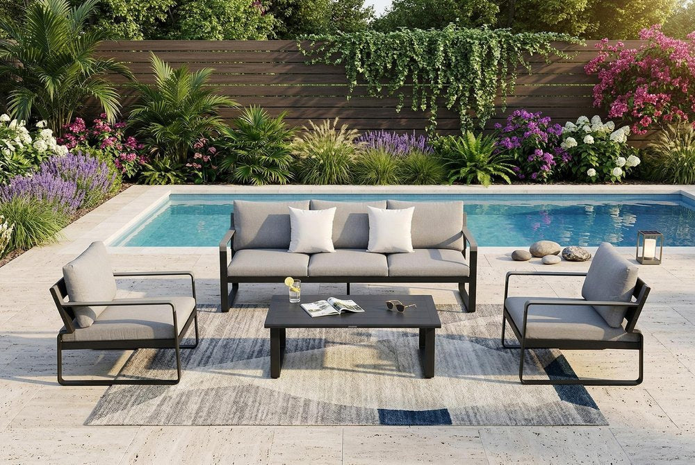 4-Piece Black Metal Outdoor Patio Conversation Set with Table
