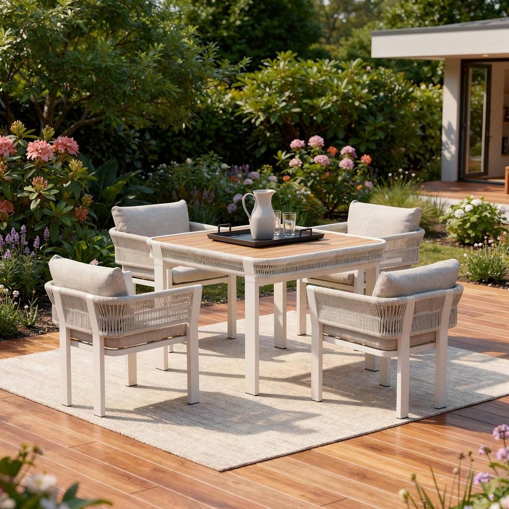 Outdoor Patio 5-Piece Light Brown and Beige Square Solid Wood Dining Set with 4 Chairs