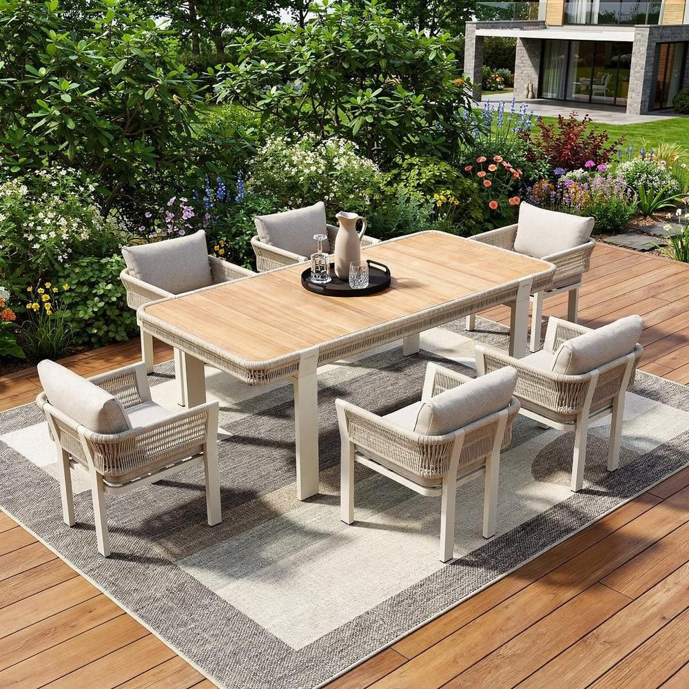 Outdoor Patio 7-Piece Light Brown and Beige Solid Wood Dining Set with 6 Chairs