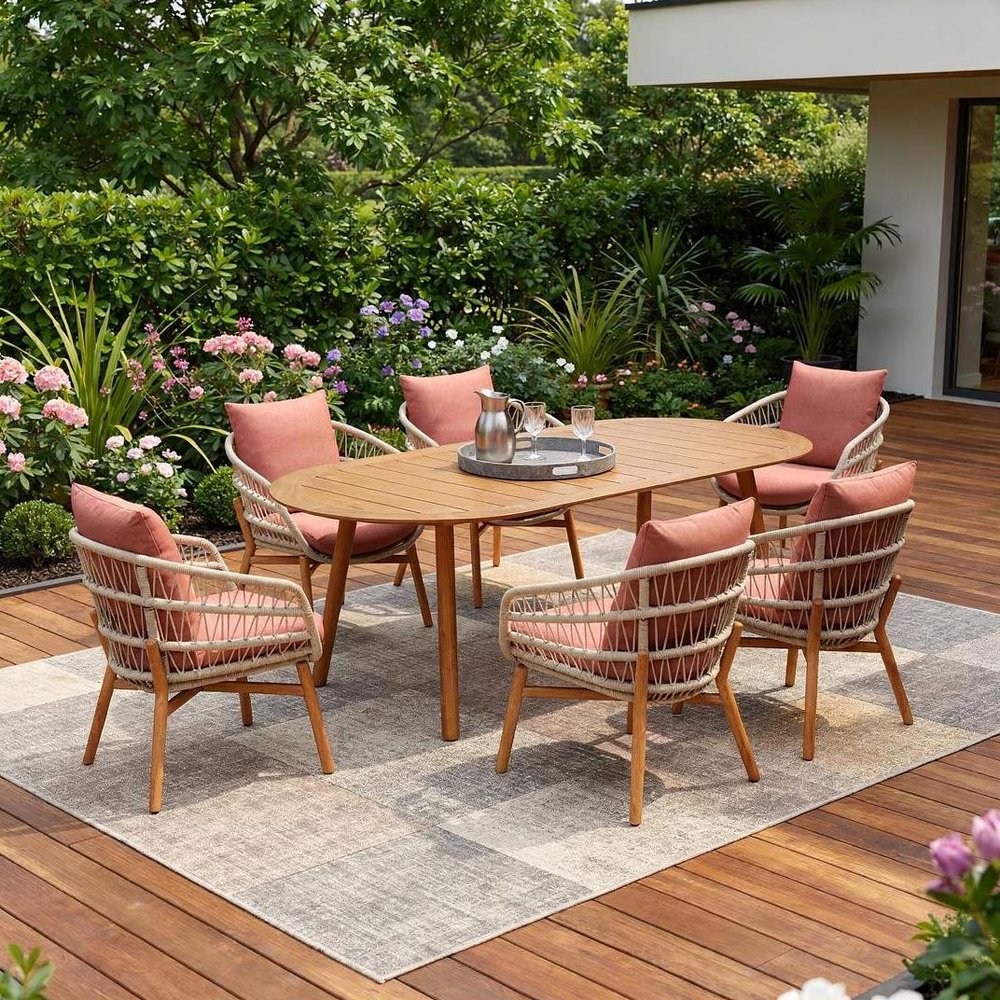 Outdoor Patio 7-Piece Brown Oval Solid Wood Dining Set with 6 Chairs