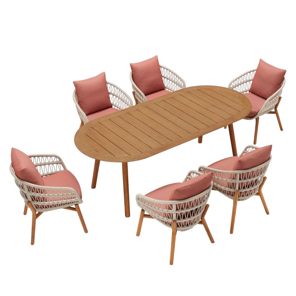 Outdoor Patio 7-Piece Brown Oval Solid Wood Dining Set with 6 Chairs