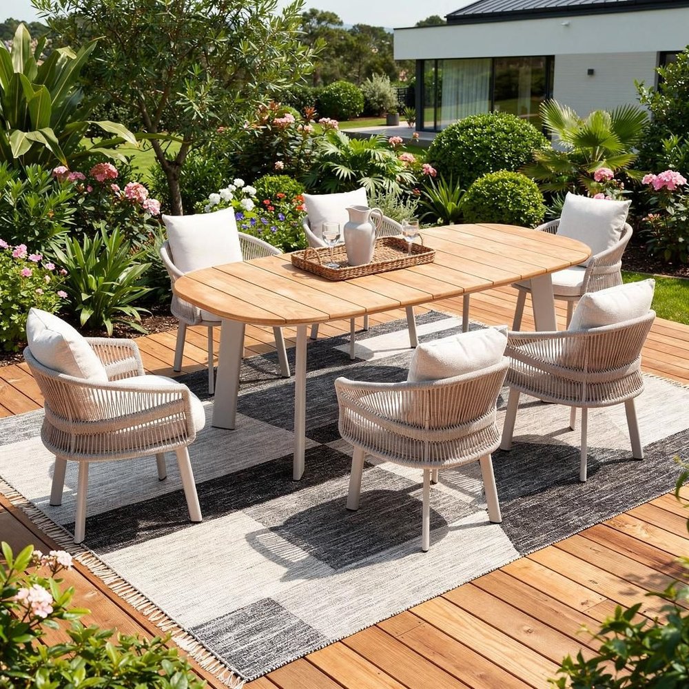 Outdoor Patio 7-Piece Light Brown and Beige Solid Wood Dining Set with 6 Chairs