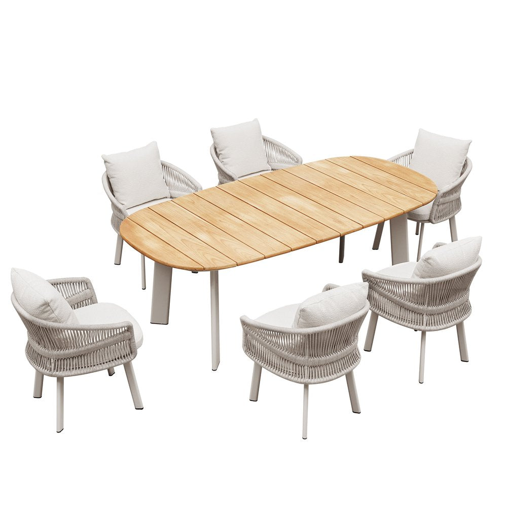 Outdoor Patio 7-Piece Light Brown and Beige Solid Wood Dining Set with 6 Chairs