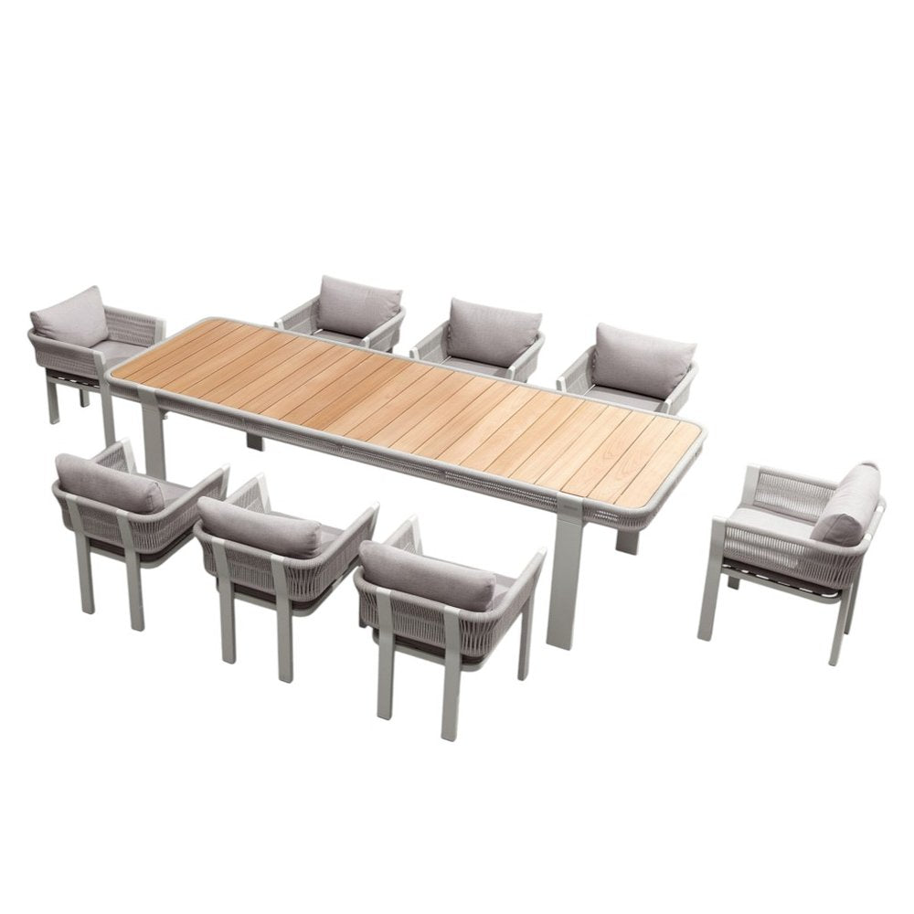 Outdoor Patio 9-Piece Light Brown and Beige Solid Wood Dining Set with 8 Chairs