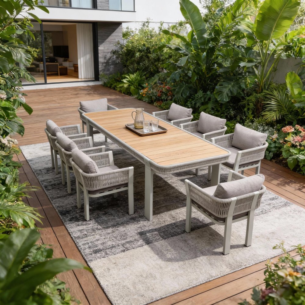 Outdoor Patio 9-Piece Light Brown and Beige Solid Wood Dining Set with 8 Chairs
