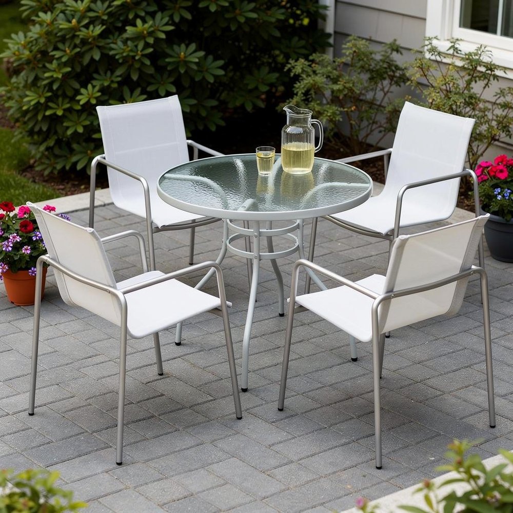4-Piece Light Gray Steel Sling Outdoor Patio Arm Chair Set
