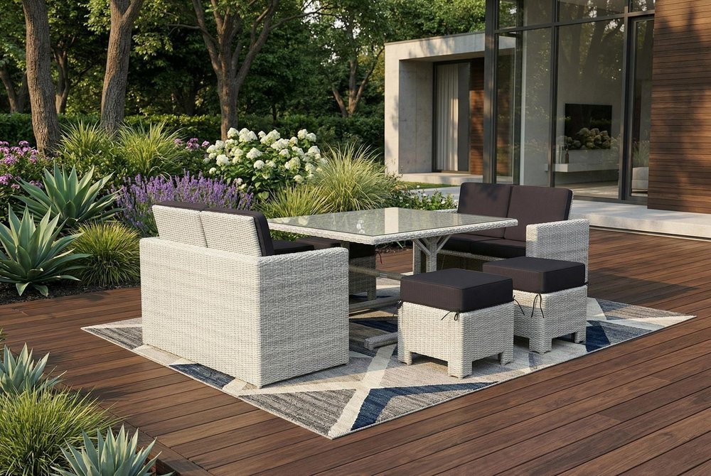 7-Piece White and Dark Gray Wicker Upholstered Cushions Outdoor Patio Conversation Set with Table