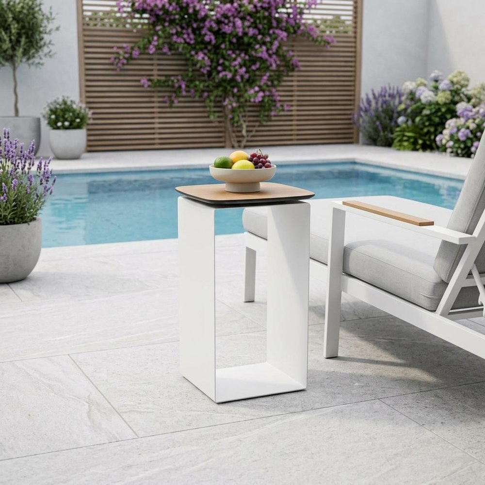 12" White & Brown Aluminum & Heavy-Duty Resin Outdoor Patio Side Table
