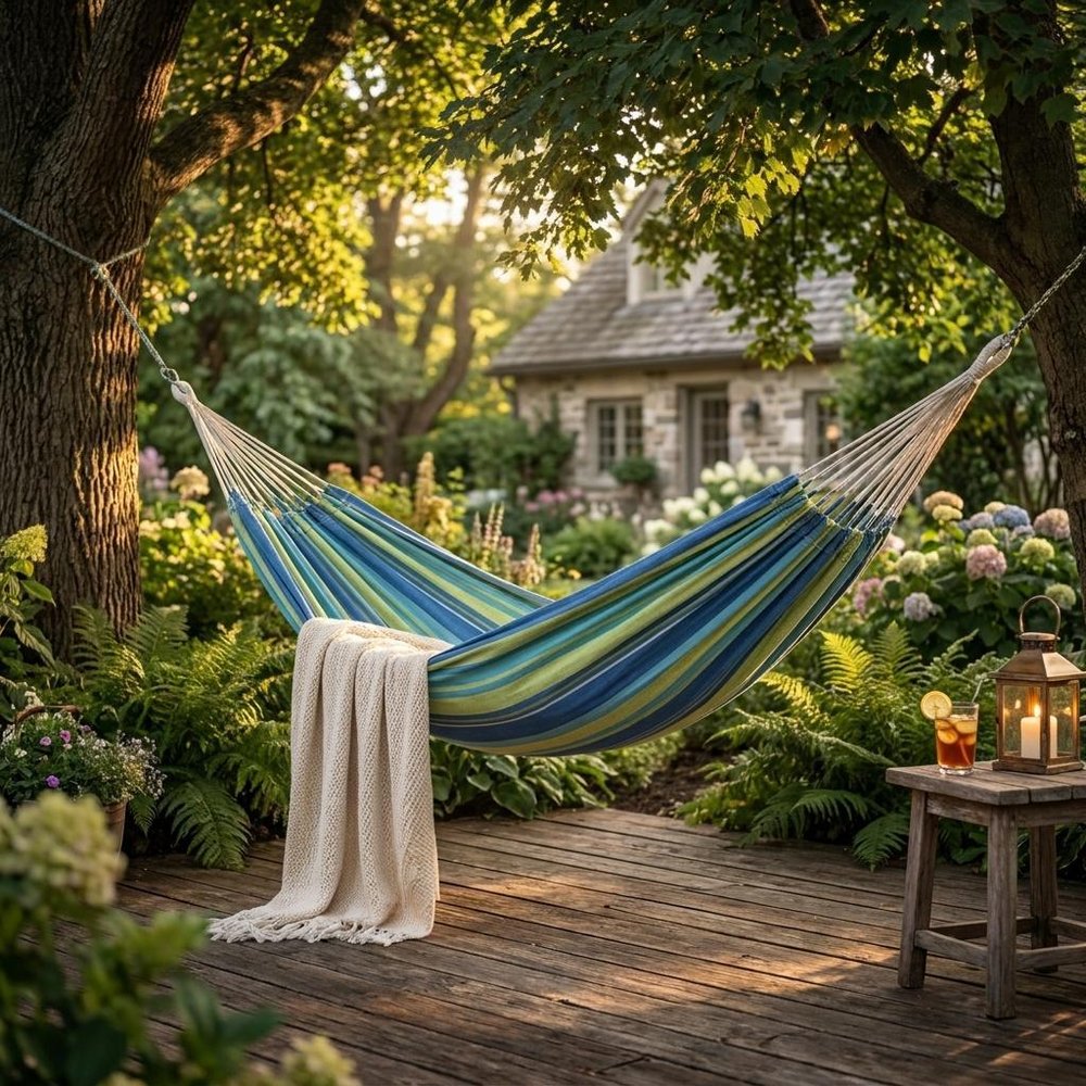 Blue Green & Yellow Striped Single Spreader Bar Hammock - Outdoor Patio Hammock