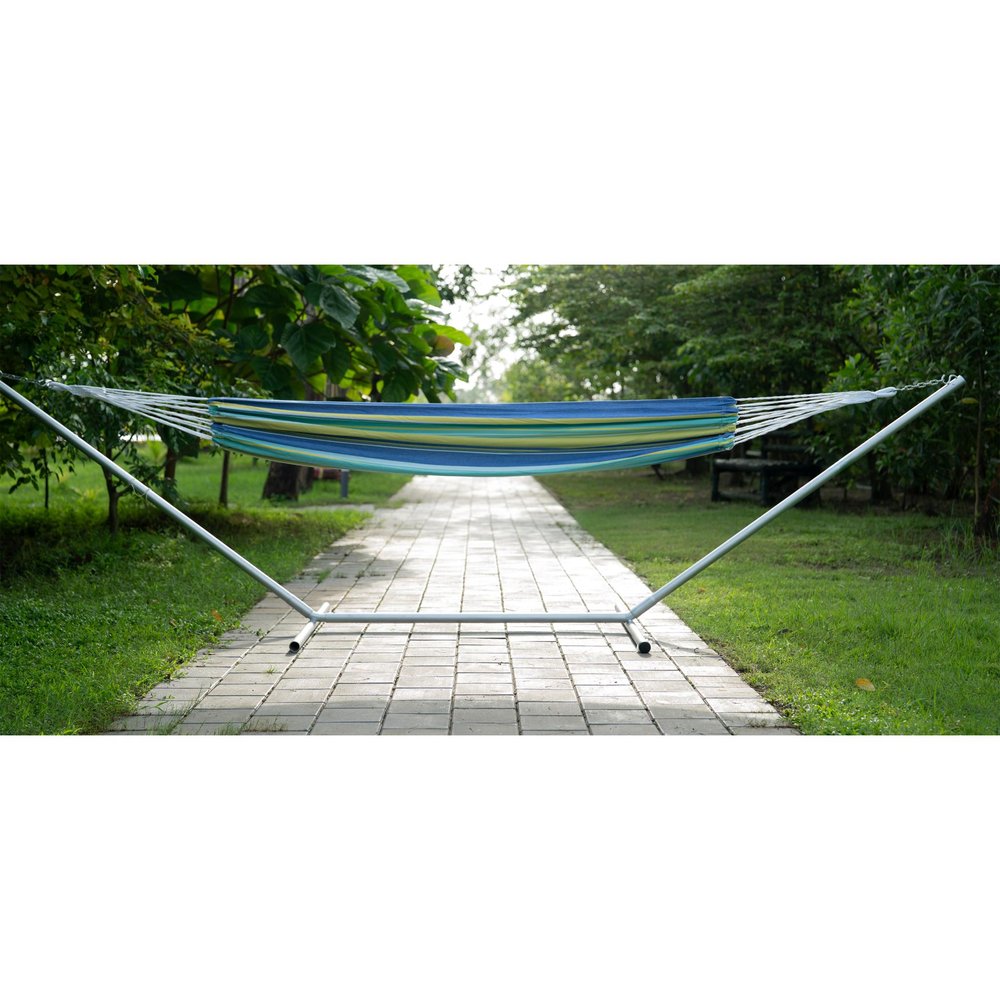 Blue Green & Yellow Striped Single Spreader Bar Hammock - Outdoor Patio Hammock