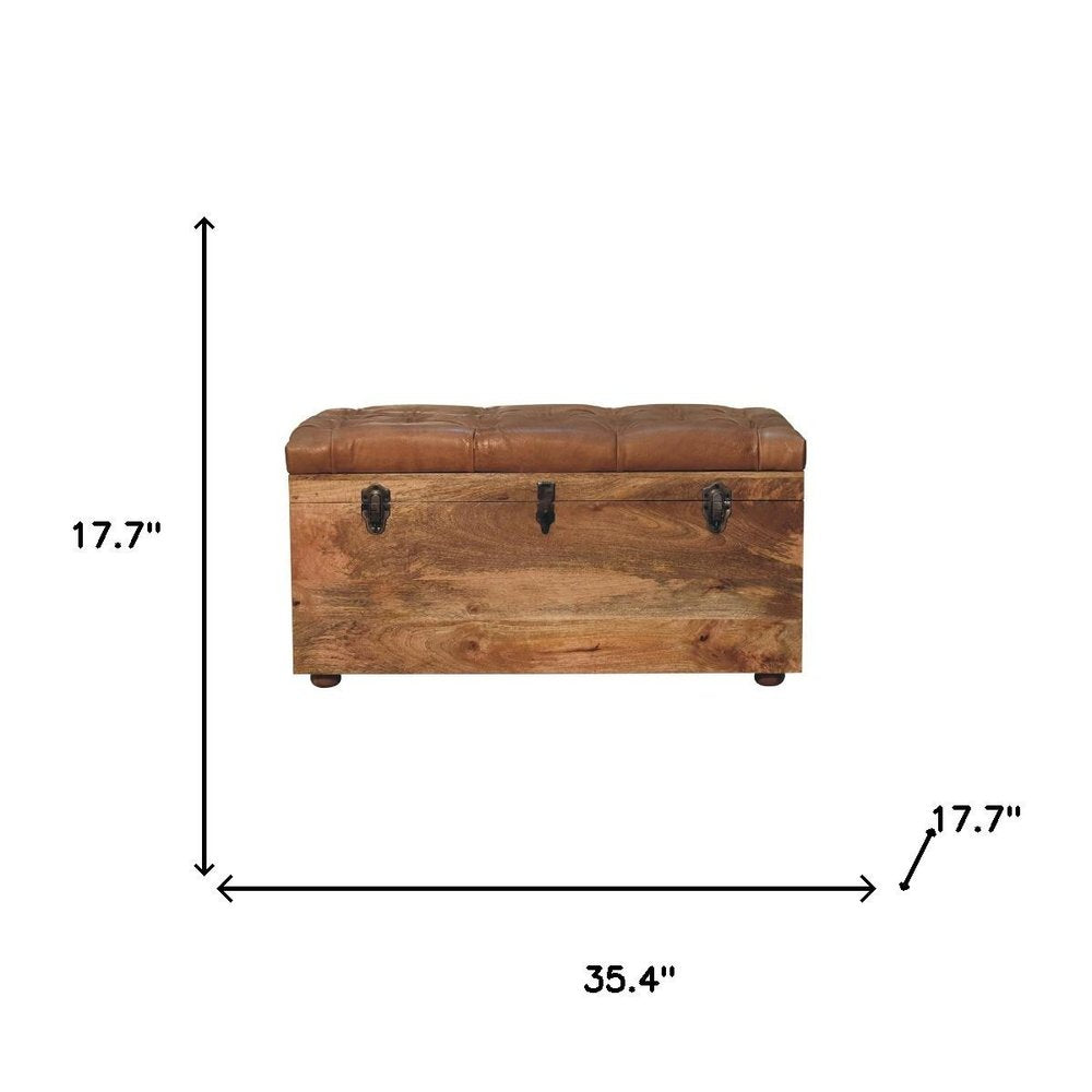 35" Brown Solid Wood Outdoor Deck Storage Bench