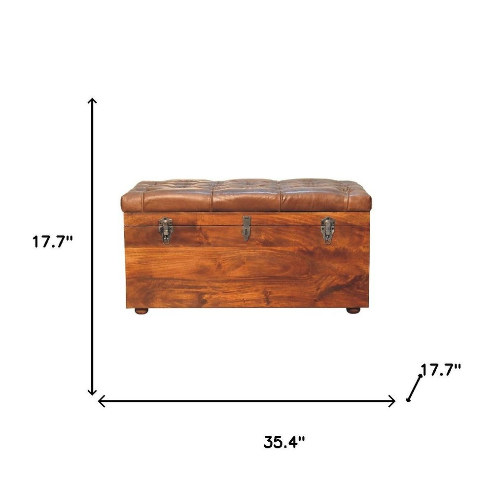 35" Brown Solid Wood Outdoor Deck Storage Bench