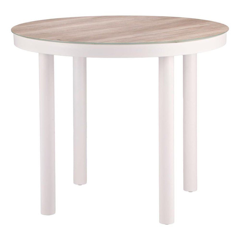 36" Natural and White Glass Wood and Aluminum Round Outdoor Patio Dining Table