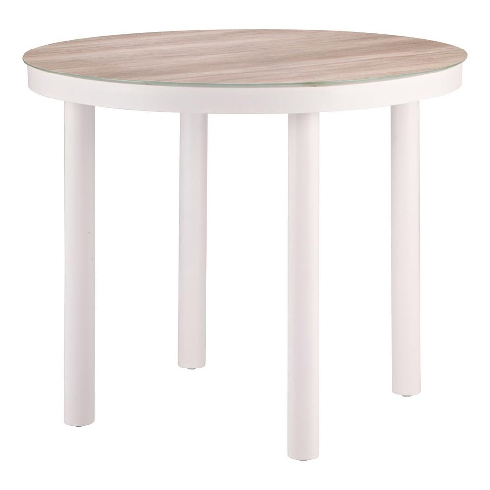 36" Natural and White Glass Wood and Aluminum Round Outdoor Patio Dining Table