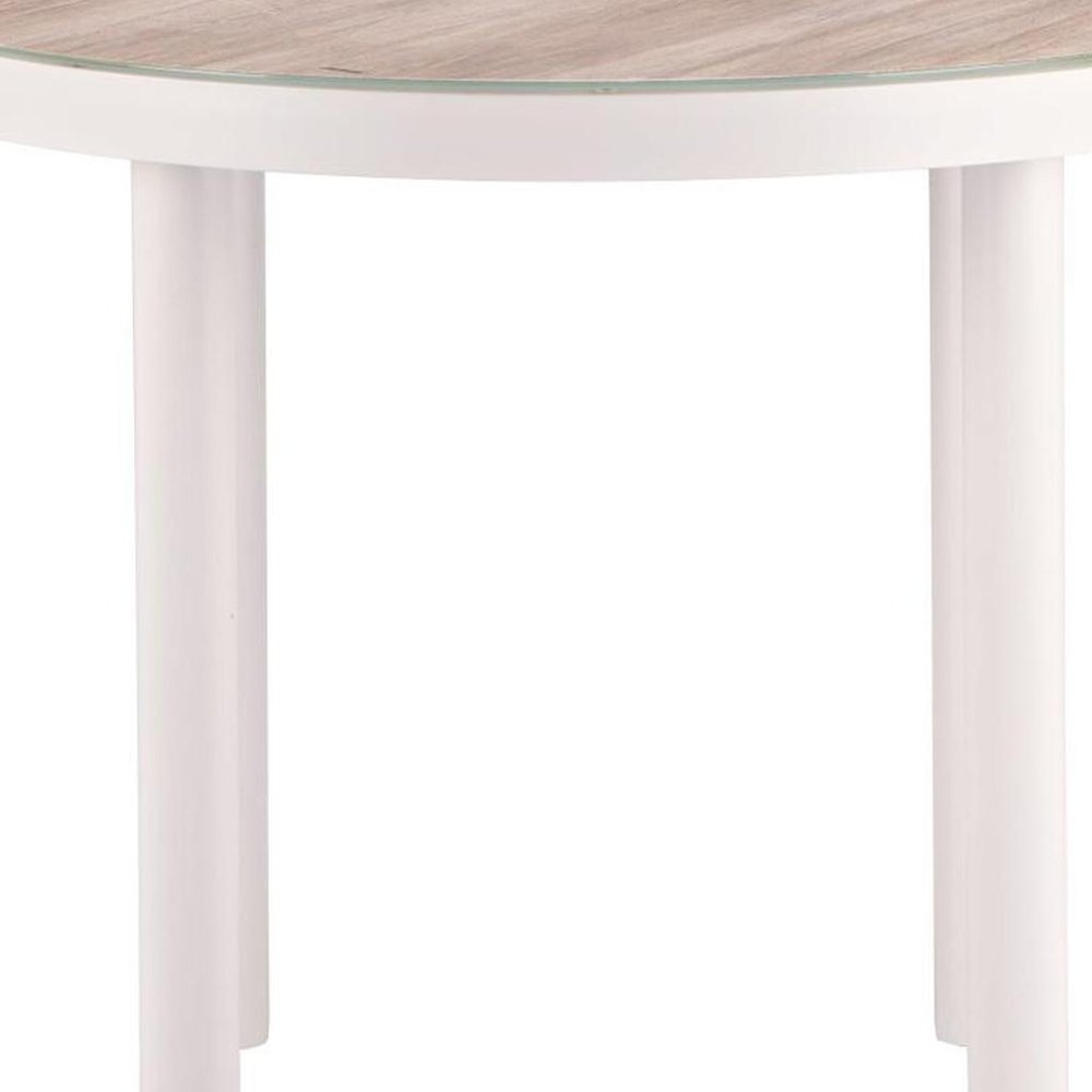36" Natural and White Glass Wood and Aluminum Round Outdoor Patio Dining Table