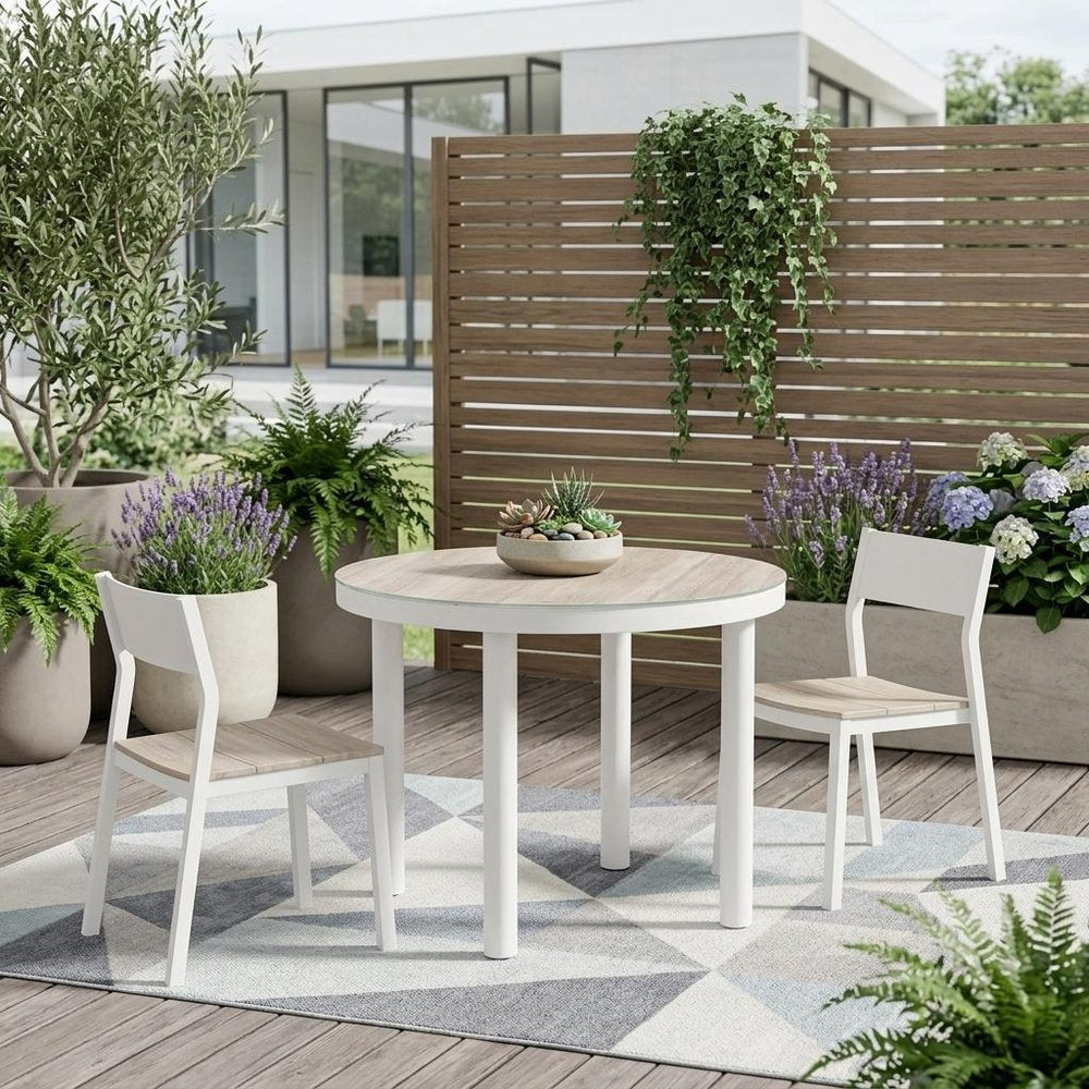 36" Natural and White Glass Wood and Aluminum Round Outdoor Patio Dining Table