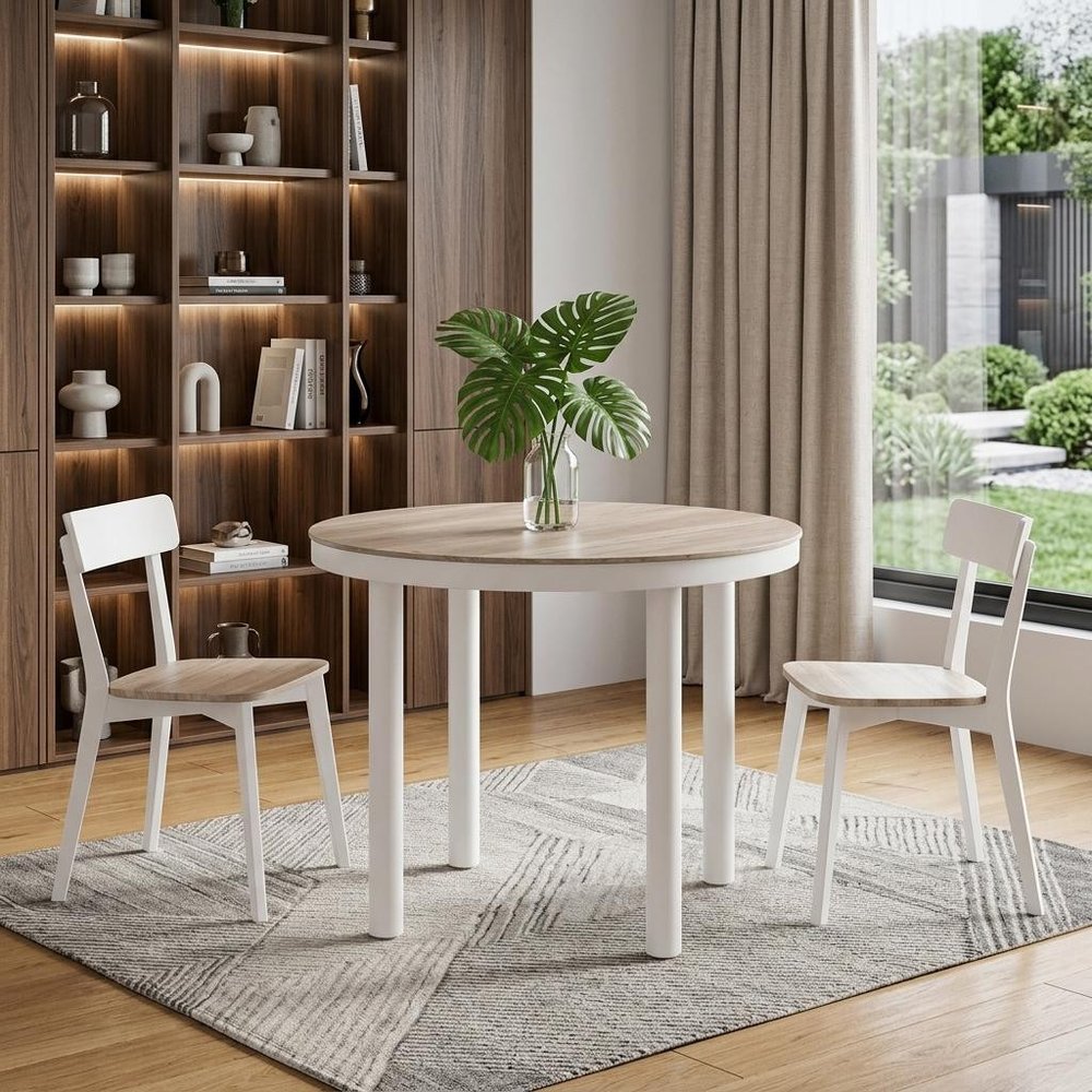 36" Natural and White Glass Wood and Aluminum Round Outdoor Patio Dining Table